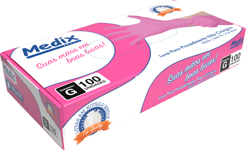 Luva Nitrílica Rosa - Sem Pó - (DESCARTÁVEL) - Caixa com 100 un.