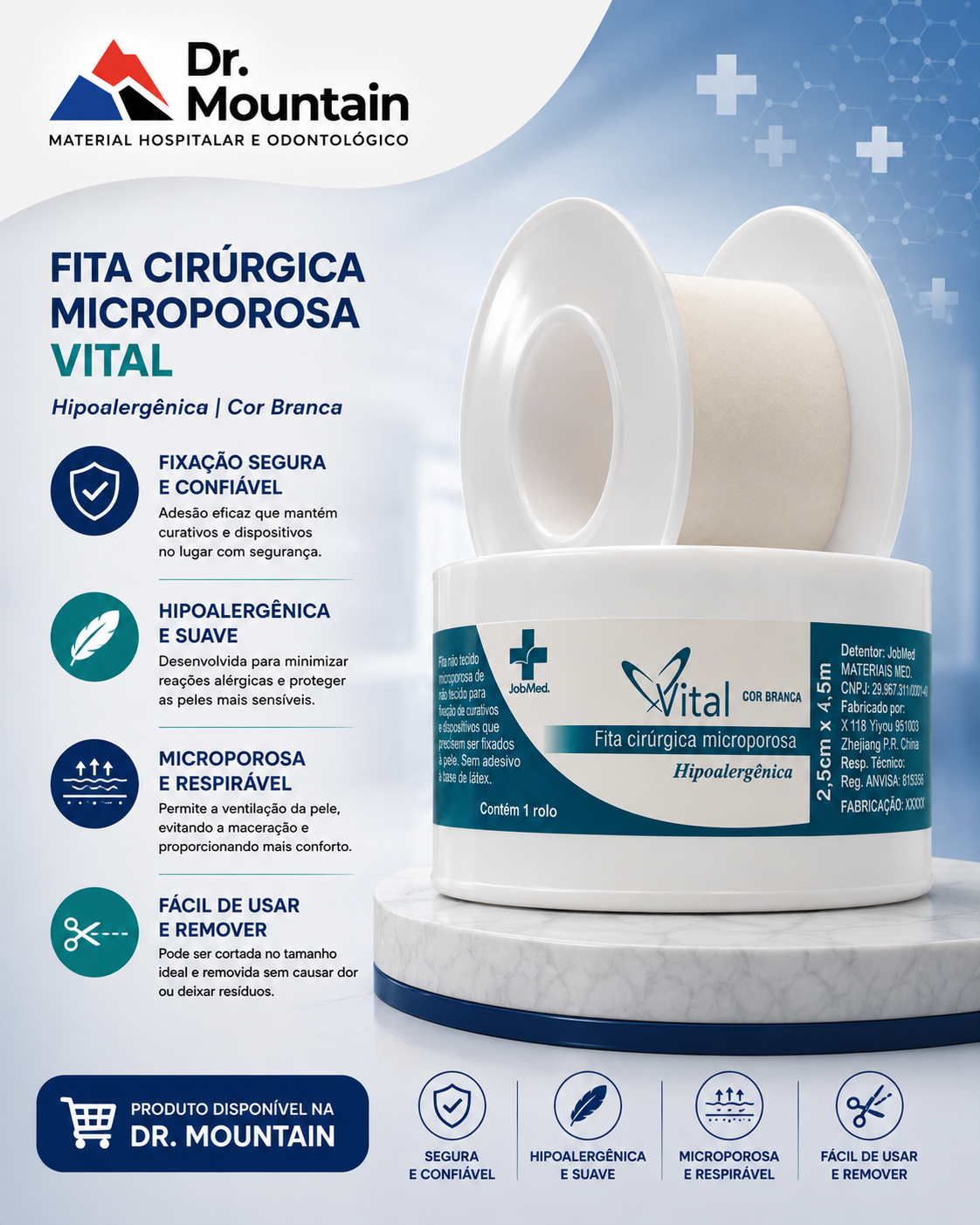 Fita Micropore branca com capa - 25M