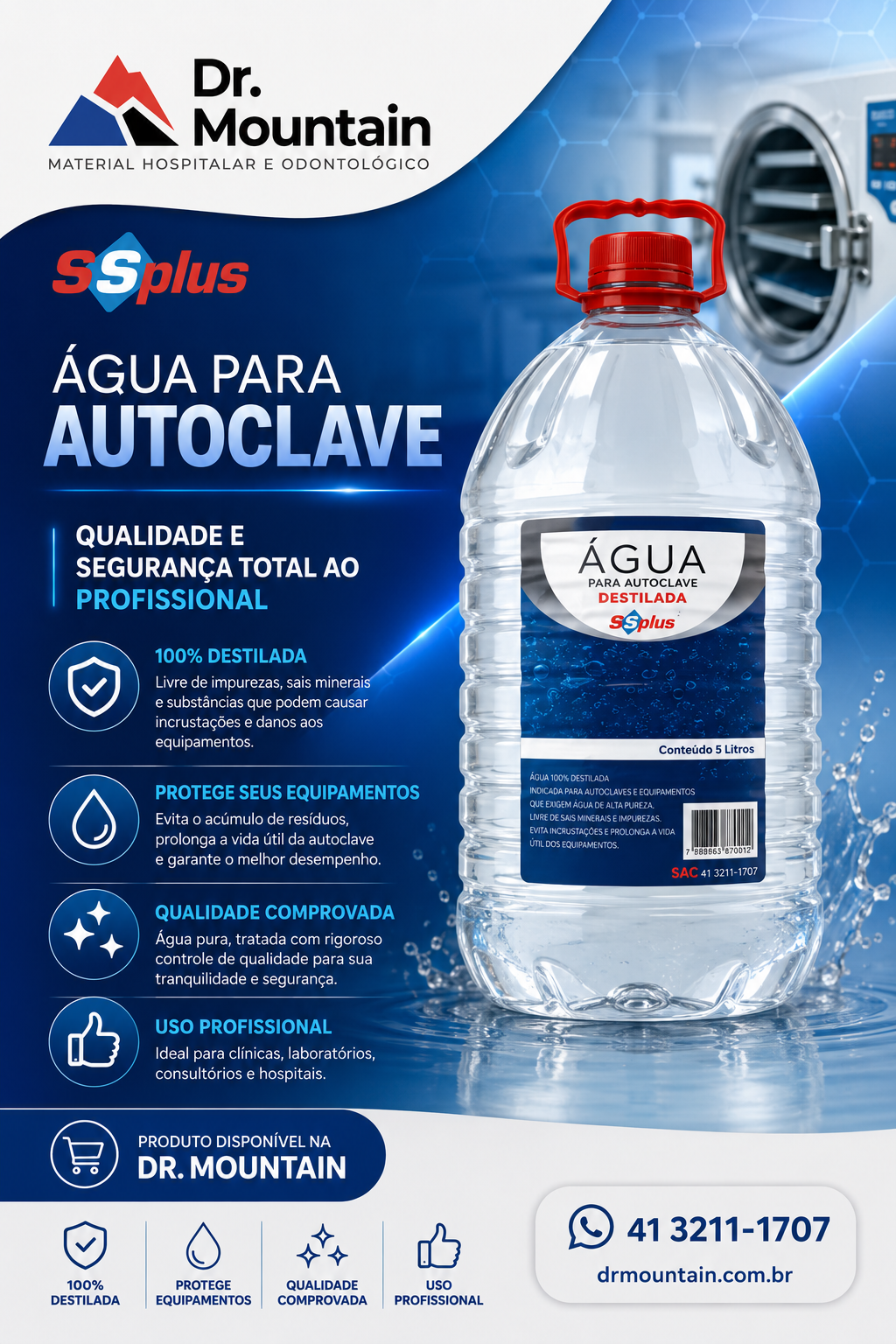 Água Autoclave SS Plus - 5 Litros